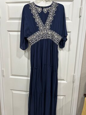 Navy Maxi Dress with Pewter and Ivory Embroidery